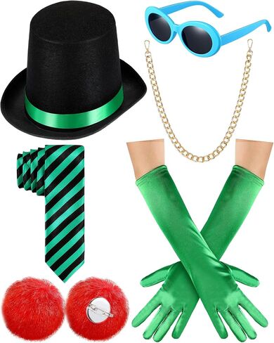 6 Pcs Halloween Adult Top Hat Costume Accessories 7.8'' Tall Hat Oval Sunglasses Gloves Tie Ball Brooch Trouser Chain in Saudi Arabia