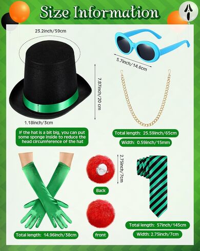 6 Pcs Halloween Adult Top Hat Costume Accessories 7.8'' Tall Hat Oval Sunglasses Gloves Tie Ball Brooch Trouser Chain in Saudi Arabia
