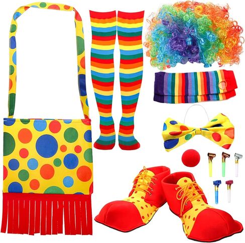 Frcctre 12 Pcs Clown Costume Set Dress Up Accessories, Include Wig Bow Tie Nose Big Shoes Shoulder Bag Socks Sleeve 5 Pcs Whistle in Kuwait