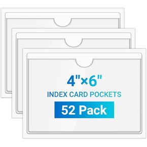 MaxGear 52 Pack Index Card Pockets with Top Open, Adhesive Pockets, Plastic Label Holder for Note Cards and Library Cards, Clear Adhesive Pocket for 3" x 5" Index Card, Label Holders