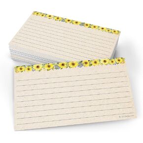 321Done Sunflower Index Cards - Made in USA - Large 4x6 (Set of 50) Rustic Kraft Tan College-Ruled Lined Notecards Double-Sided, Thick Heavy Duty Cardstock, Cute Pretty Sun Flowers Floral Ruled Lines