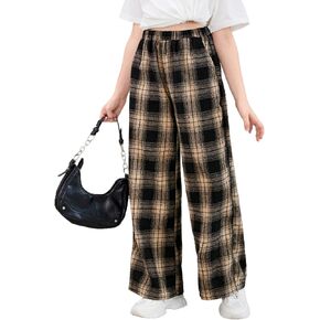 Floerns Girl's Plaid Print Drawstring Waist Loose Fit Straight Leg Pants in Saudi Arabia