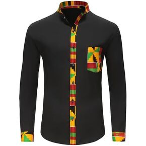 Men's African Dashiki Shirts Hipster Patchwork Dress Shirt Slim Fit Mandarin Collar Long Sleeve Button up Shirt