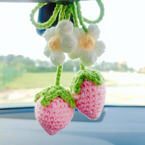 Crochet Strawberry Rear View Mirror Accessories, Flower Car Mirror Hanging Accessories, Cute Car Accessories for Women Interior Car Hanging Ornament Car Decor/Bag Charms