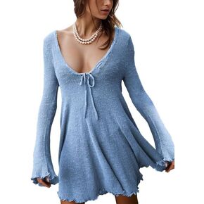 Women's A Line Mini Skirt Drawstring Spoon Neck Long Bell Sleeves Ruffle Hem Knitted Casual Beach Dress