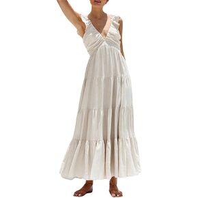 chouyatou Women's Summer Spaghetti Strap Maxi Dress Sexy V-Neck Shirred Tiered Tunic Beach Dress