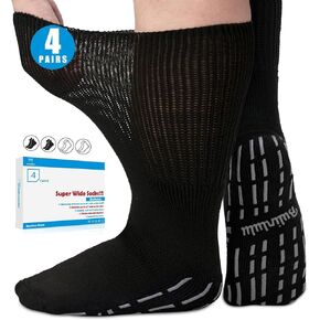 Extra Width Diabetic Socks Men Women-4 Pairs Wide Edema Sock for Swollen Feet,Non Slip Cast Bariatric Socks 13-15,Hospital Socks with Grips, Lymphedema Socks(4 Pink)