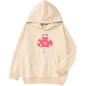 Girls Hoodie Kawaii Frog Sweatshirt Cute Mushroom Long Sleeve Fleece Oversize Pullover Tops Kids Aesthetic Clothes