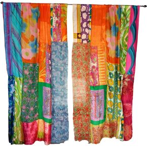 RAJBHOOMI HANDICRAFTS 1 Pair of Indian Vintage Silk Blend Sari Patchwork Curtains Drapes Home Decor Curtain/Panels (Assorted Color)