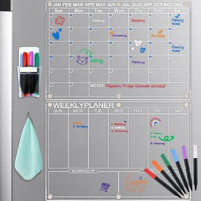 Acrylic Magnetic Calendar for Fridge & Memo Board Weekly Dry Erase Board, Planning White Board, 15.7x11.8'', Includes 6 Markers, Magnetic Pen Holder(Calendar + Weekly Board)