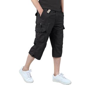 Men's Casual Twill Elastic Cargo Shorts Loose Fit Multi-Pocket 3/4 Capri Long Shorts Below Knee Casual with 7 Pockets