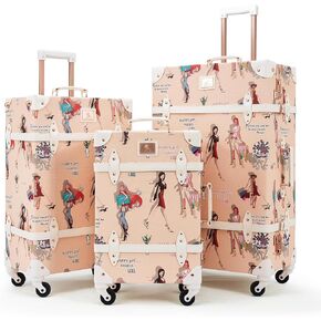 Unitravel Vintage Suitcase Set for Women, 3 Piece PU Leather Retro Luggage Sets, Hardside Spinner Travel Trunk with Combo Lock, 20''/24''/28'', Leopard
