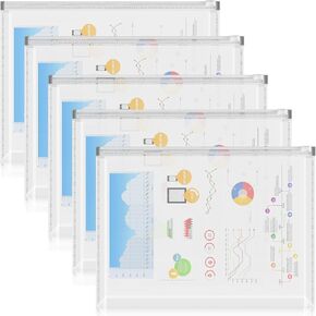 A4 Clear Plastic Envelopes - 5PCS Poly Zip Envelopes Files Zipper Folders A4 Letter Size Document Folders for School and Office Supplies-Mix Color