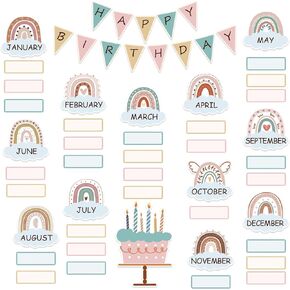 Boho Bulletin Board Decorations Set Classroom Decor Boho Rainbow Birthday Chart Bulletin Board Decorations Wall Decoration Cutouts for School Bulletin Calendar Birthday (Block)