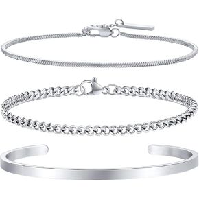 MEALGUET Stylish Stackable Cuff Bracelets for Men - Waterproof Titanium Steel 3 Pcs Layered Silver Cuff Bangle Snake Box Chain Cuban Link Chain Bracelet Set Mens Jewelry Gifts,Non Tarnish