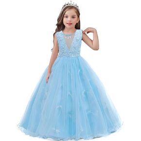 V-Neck Flower Girl Dress Lace Maxi Dress Girls Formal Wedding Tulle Dresses for Pageant Prom Ball Gown