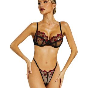 Lingerie Sexy Bra and Panty Set for Women See Through Sheer Underwear Cute Exotic Foral Embroidery Babydoll Suit