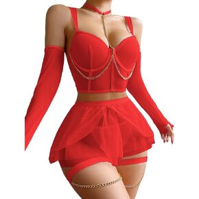 Women's Sexy Bra and Lingerie Set Linked Strappy with Chain Teddy Babydoll Bodysuit Underwire