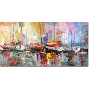 Bouvy Art,24x48Inch Colorful Hand Painted Sailboat Oil Painting Abstract Modern Canvas Artwork Romance Seascape Wall Art Stretched and Framed Ready to Hang Home Wall Decoration