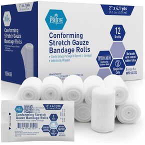 MED PRIDE Conforming Stretch Gauze Bandages 12 Rolls 2'' x 4.1 Yards | Sterile Latex Free First Aid Pads | Wound Care Rolled Dressing Wrap | Medical Non-Adherent Mesh Bandages