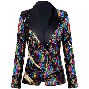 Women's Suit Tuxedo Coat Stylish Two Color Conversion Shiny Sequins Shawl Lapel Blazer Suit Jacket for Party,Banquet