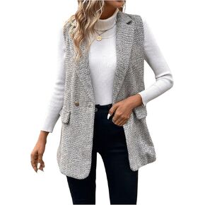GORGLITTER Women's Sleeveless Long Vest Jacket Double Breasted Open Front Tweed Longline Blazer Vest Cardigan