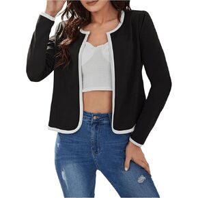 Milumia Women's Contrast Binding Round Neck Long Sleeve Open Front Blazer Jacket
