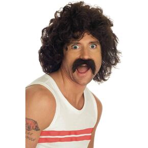 fun shack Men's Curly Brown Wig & Moustache Set Adult Costume
