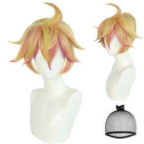Len Cosplay Wig for Men Short Wavy Blonde Wig with Pink Highlights for Halloween Costume Party Outfit for Christmas Kawaii Synthetic Wig Anime Cosplay Wig for Scene core +Wig Cap