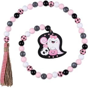 JOYMEMO Pink Purple Halloween Wood Bead Garland with Ghost Pumpkin Wooden Tag and Jute Rope Tassel - Halloween Beaded Tray Decor, Rustic Farmhouse Home Decorations for Table Tiered Tray Shelf Display