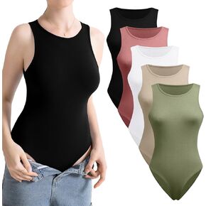 INIBUD Bodysuit for Women 5 Pack Sleeveless Crew Round Neck Racerback Halter Stretchy Body Suits Casual Basic Tank Top
