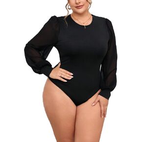 Milumia Women's Plus Size Crew Neck Mesh Long Sleeve Bodysuit Leotards Shirts Jumpsuit