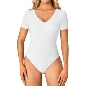 Vrtige Women's Casual V Neck Short Sleeve Leotard Double Lined Bodysuit T-Shirt Top