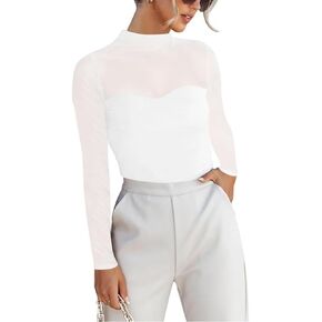 Women's Sexy Mock Turtle Neck Long Sleeve Shirts Sheer Mesh Going Out Bodysuits Tops