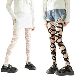 Halloween 2 Pair Women's Ripped Tights Gothic Zombie Punk Leggings Perforated Stocking Ragged Pantyhose Hosiery Goth Accessories for Women Girls Halloween Cosplay Party Supplies