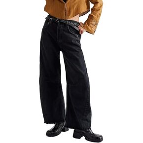 Allimy Womens Jeans Mid High Waisted Wide Leg Cut Horseshoe Baggy Raw Hem Jeans for Women Trendy 2024 Denim Pants
