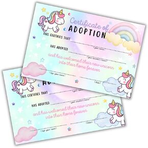 Unicorn Adoption Certificate | 30pk 4x6" Children’s Magical Birthday Party Stuffed Animal Care Rainbow Horse Adopt Take Care Of
