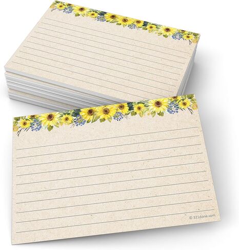 321Done Sunflower Index Cards - Made in USA - Large 4x6 (Set of 50) Rustic Kraft Tan College-Ruled Lined Notecards Double-Sided, Thick Heavy Duty Cardstock, Cute Pretty Sun Flowers Floral Ruled Lines in Saudi Arabia