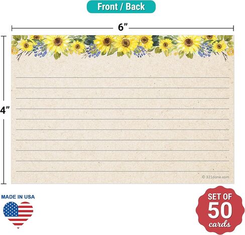 321Done Sunflower Index Cards - Made in USA - Large 4x6 (Set of 50) Rustic Kraft Tan College-Ruled Lined Notecards Double-Sided, Thick Heavy Duty Cardstock, Cute Pretty Sun Flowers Floral Ruled Lines in Saudi Arabia