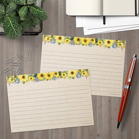 321Done Sunflower Index Cards - Made in USA - Large 4x6 (Set of 50) Rustic Kraft Tan College-Ruled Lined Notecards Double-Sided, Thick Heavy Duty Cardstock, Cute Pretty Sun Flowers Floral Ruled Lines in Saudi Arabia