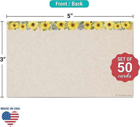 321Done Sunflower Index Cards - Made in USA - Large 4x6 (Set of 50) Rustic Kraft Tan College-Ruled Lined Notecards Double-Sided, Thick Heavy Duty Cardstock, Cute Pretty Sun Flowers Floral Ruled Lines in Saudi Arabia