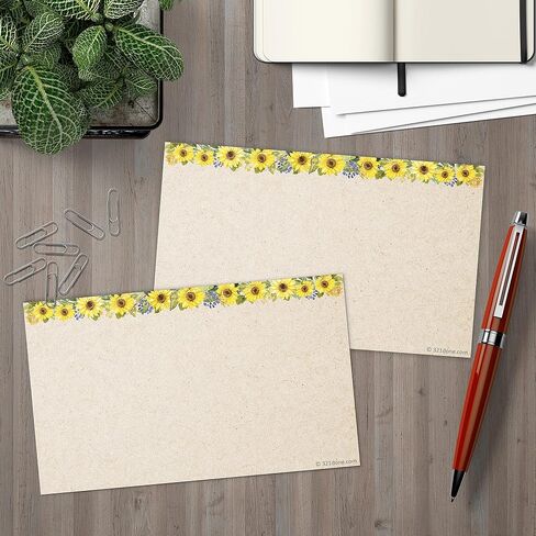 321Done Sunflower Index Cards - Made in USA - Large 4x6 (Set of 50) Rustic Kraft Tan College-Ruled Lined Notecards Double-Sided, Thick Heavy Duty Cardstock, Cute Pretty Sun Flowers Floral Ruled Lines in Saudi Arabia