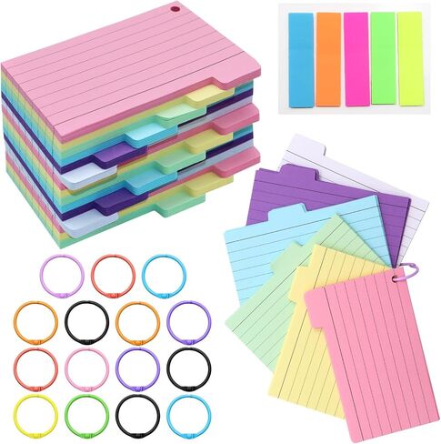 375 Pcs Index Cards 3 x 5 Inches, BORISCA Colored Ruled Index Cards with 15 Rings & 100 Index Flags Assorted Neon Color Study Flash Cards, Index Flash Cards Studying Note Cards for School Office Home in Saudi Arabia