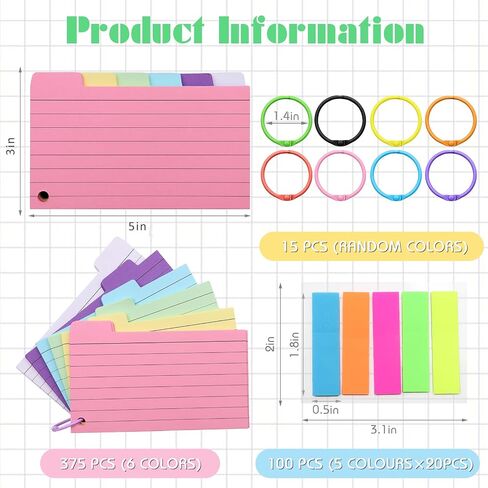 375 Pcs Index Cards 3 x 5 Inches, BORISCA Colored Ruled Index Cards with 15 Rings & 100 Index Flags Assorted Neon Color Study Flash Cards, Index Flash Cards Studying Note Cards for School Office Home in Saudi Arabia