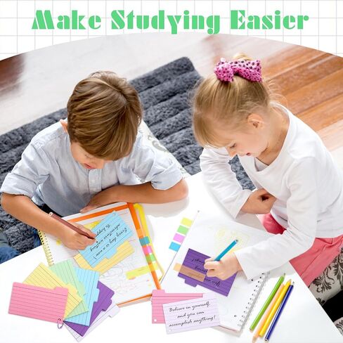 375 Pcs Index Cards 3 x 5 Inches, BORISCA Colored Ruled Index Cards with 15 Rings & 100 Index Flags Assorted Neon Color Study Flash Cards, Index Flash Cards Studying Note Cards for School Office Home in Saudi Arabia