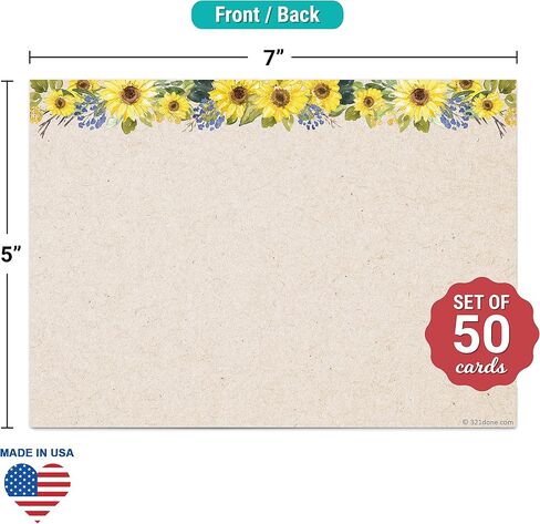321Done Sunflower Index Cards - Made in USA - Large 4x6 (Set of 50) Rustic Kraft Tan College-Ruled Lined Notecards Double-Sided, Thick Heavy Duty Cardstock, Cute Pretty Sun Flowers Floral Ruled Lines in Saudi Arabia