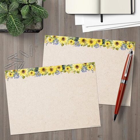 321Done Sunflower Index Cards - Made in USA - Large 4x6 (Set of 50) Rustic Kraft Tan College-Ruled Lined Notecards Double-Sided, Thick Heavy Duty Cardstock, Cute Pretty Sun Flowers Floral Ruled Lines in Saudi Arabia