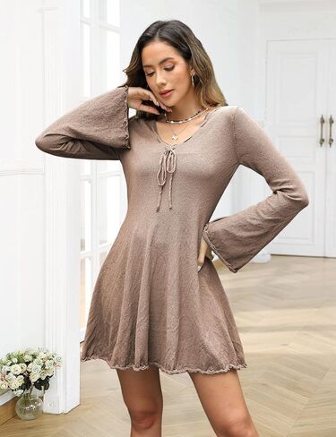 Women's A Line Mini Skirt Drawstring Spoon Neck Long Bell Sleeves Ruffle Hem Knitted Casual Beach Dress in Saudi Arabia