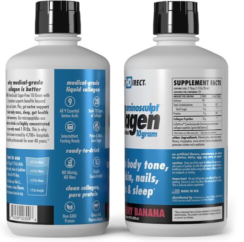 HEALTH DIRECT - AminoSculpt Liquid Collagen Micropeptides - 28 أونصة سائلة - 28 حصة - 10 جرام من الكولاجين السائل الطبي المتميز للنساء - موز الفراولة in Kuwait