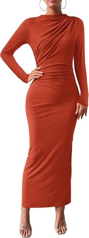 BTFBM Women Bodycon Maxi Dress Long Sleeve Back Slit Ruched Elegant Party Cocktail Formal Fall Wedding Guest Dresses in Saudi Arabia